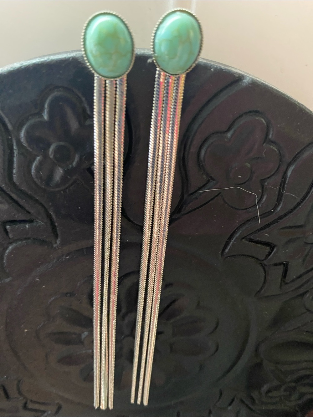 Vintage Turquoise Oval Drop Fringe Earrings - Women Jewelry